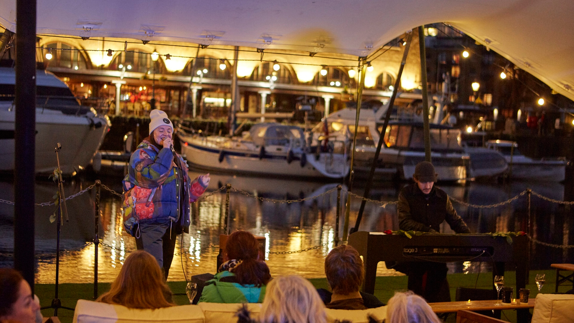A person performing at St Katharine Docks