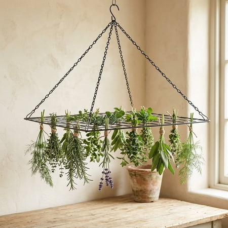 Hanging Herb Drying Rack, 13.8"x13.8" Square Metal Mesh Herb Dryer With Chain &amp;amp; Hook, Hanging Plant Drying Rack for Herbs, Garlic, Chili, Flowers, Garden Harvest