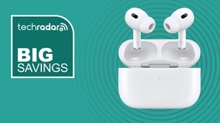 The Apple AirPods Pro 2 on a cyan background with the words big savings next to them.