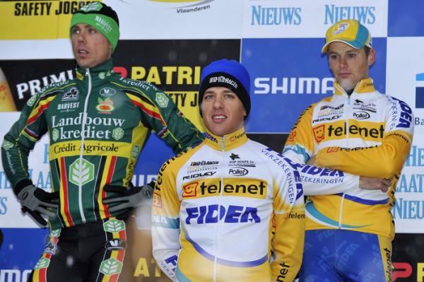 Men's podium (l-r): Sven Nys (Landbouwkrediet), 2nd; Tom Meeusen (Telenet - Fidea), 1st; Kevin Pauwels (Telenet - Fidea), 3rd