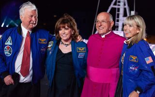 Torstein Hagen, Anna Fisher, Liberio Andreatta and Karine Hagen celebrate the Viking Orion's maiden voyage. Fisher brought astronaut flight jackets.