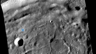 A Lunar Reconnaissance Orbiter image of the crash site of Japan's Hakuto-R lander, marked with an X
