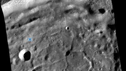 A Lunar Reconnaissance Orbiter image of the crash site of Japan's Hakuto-R lander, marked with an X
