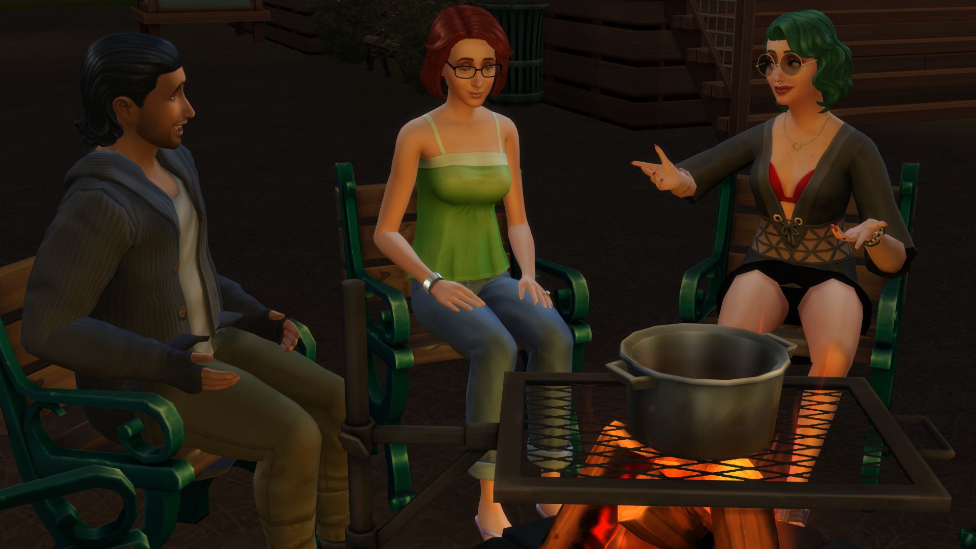 Sims gathered around a campfire talking