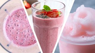 Pink smoothie in blender, pink smoothie in glass, and pink slushie in glass