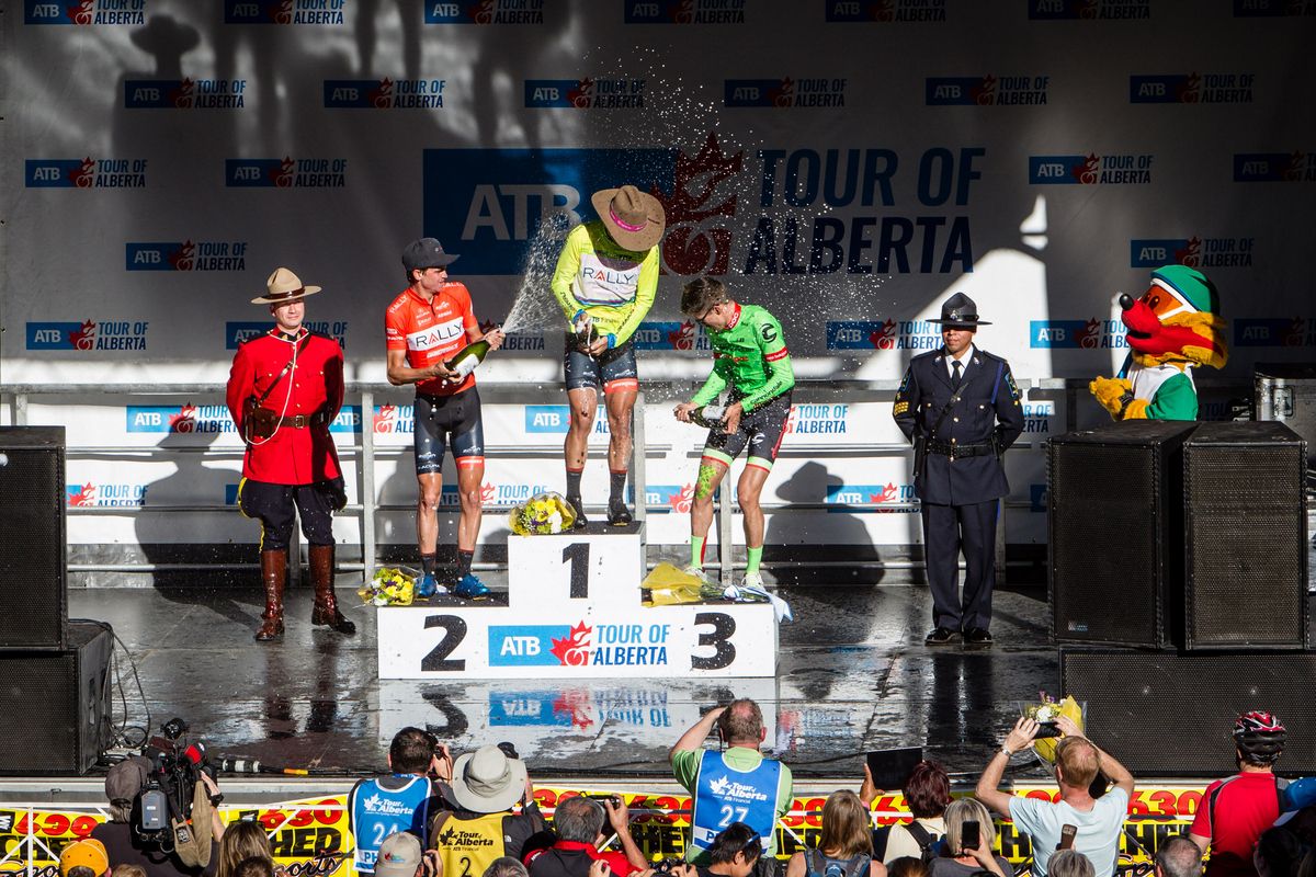 The podium get into the celebrations