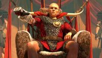 Magic the Gathering Card art of New Vegas' Caesar sitting on throne, holding gauntleted hand out with sideways thumb.