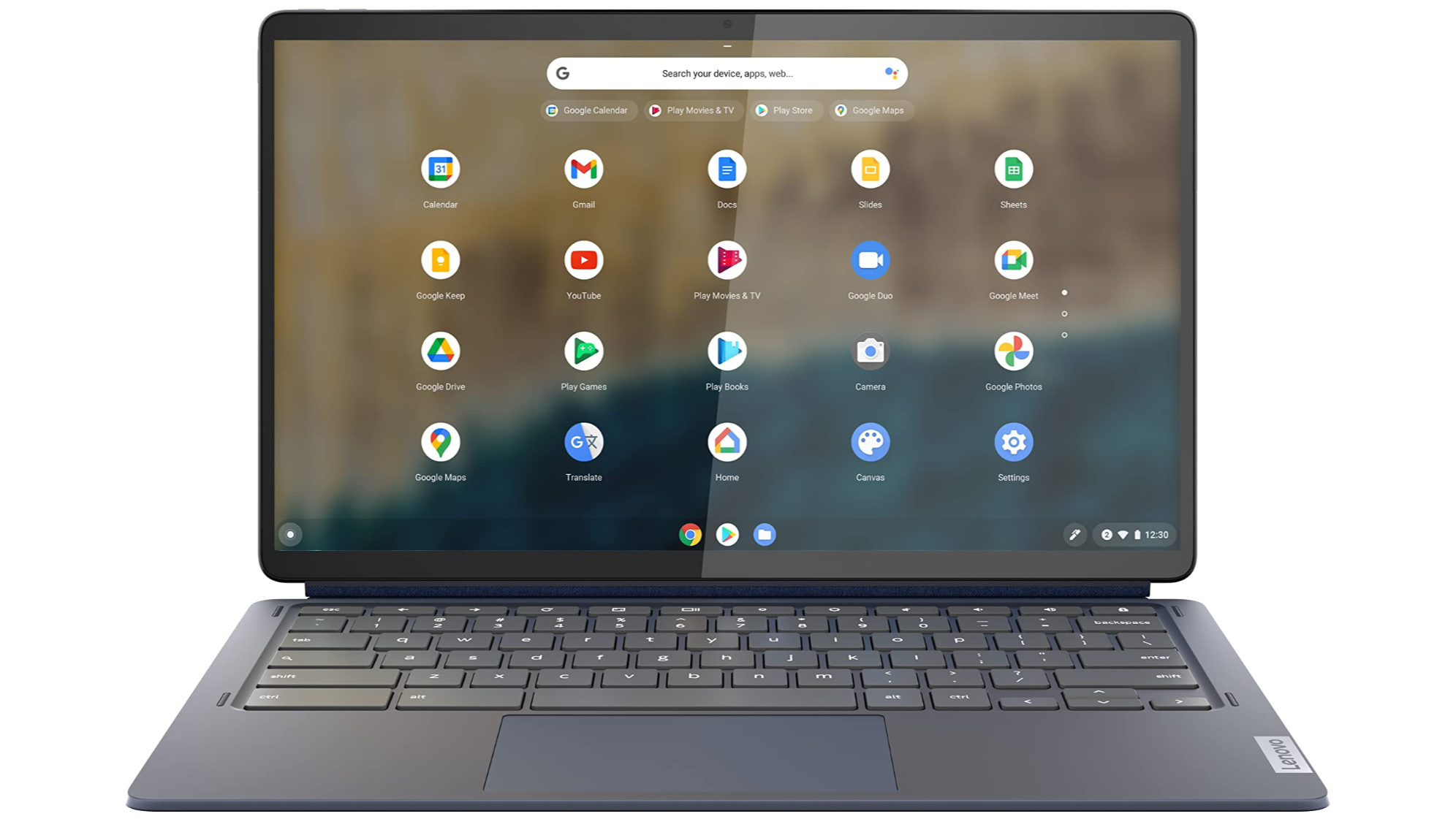 Ein Lenovo IdeaPad Duet 5 Chromebook vor einem weißen Hintergrund