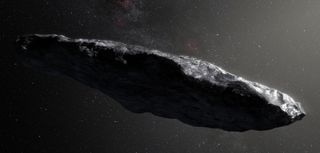 A rocky-looking, oblong object hangs in space
