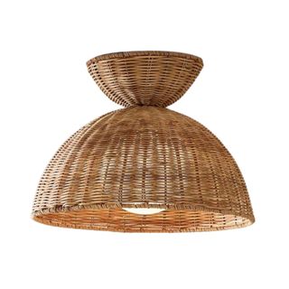 A curved light rattan light with a bulb underneath it