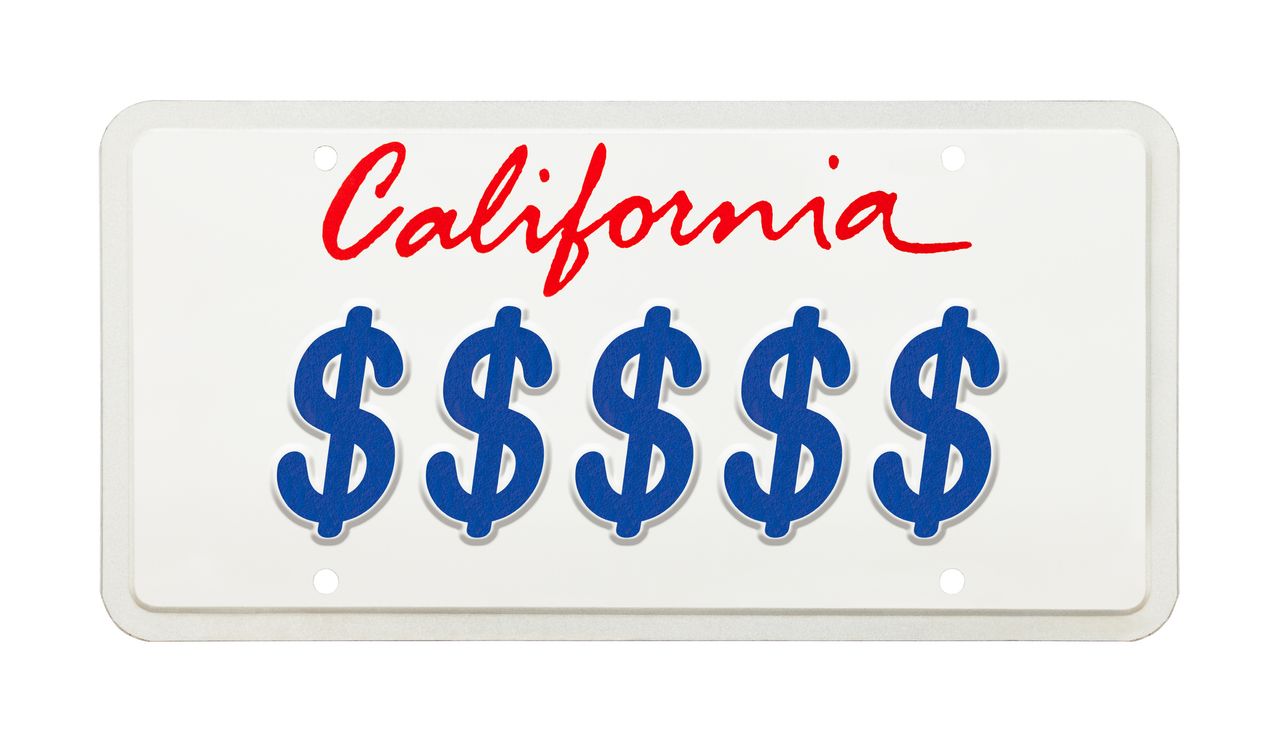 California license plate with dollar signs on it