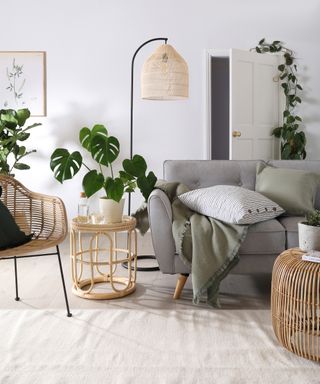 Mindful lounge in warm neutrals palette, with rattan furniture, standing floor lamp, natural textures, and houseplants.