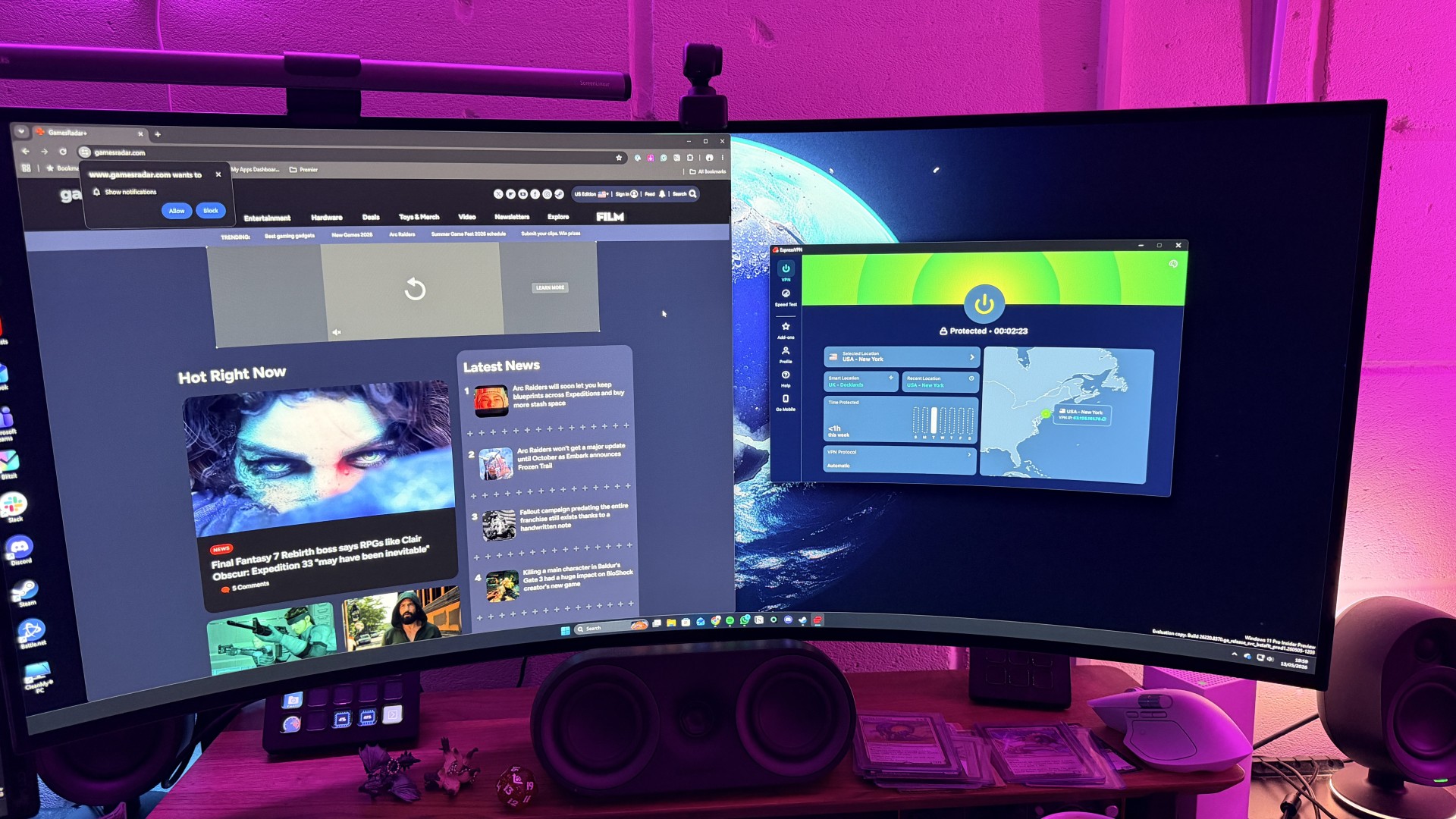 ExpressVPN running on a gaming PC next to a GamesRadar+ homepage window