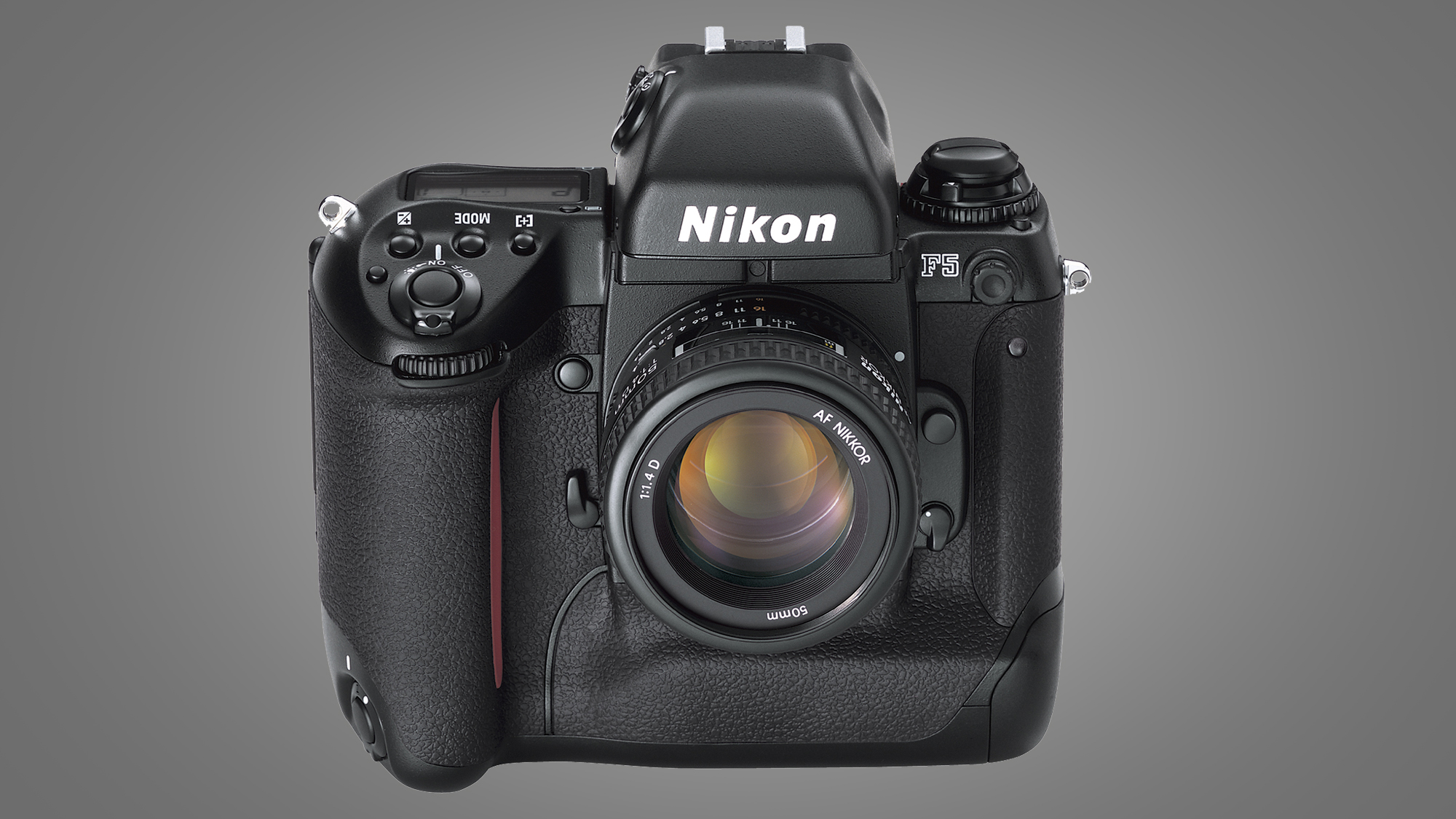 The Nikon F5 camera on a grey background