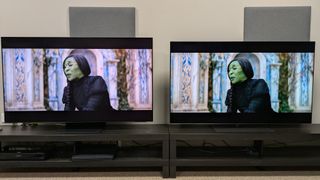 Samsung S95F (left) and LG G5 (right) showing Elphaba from Wicked on screen 