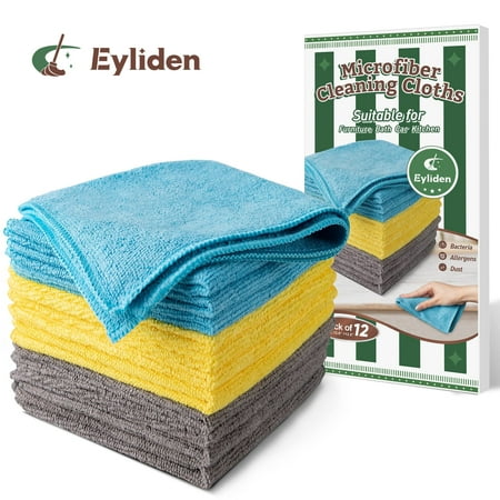 Pack of multi-colored Eyliden Microfiber Cleaning Cloths and the green-and-white packaging against white background, with Eyliden text and logo pictured in top right corner.