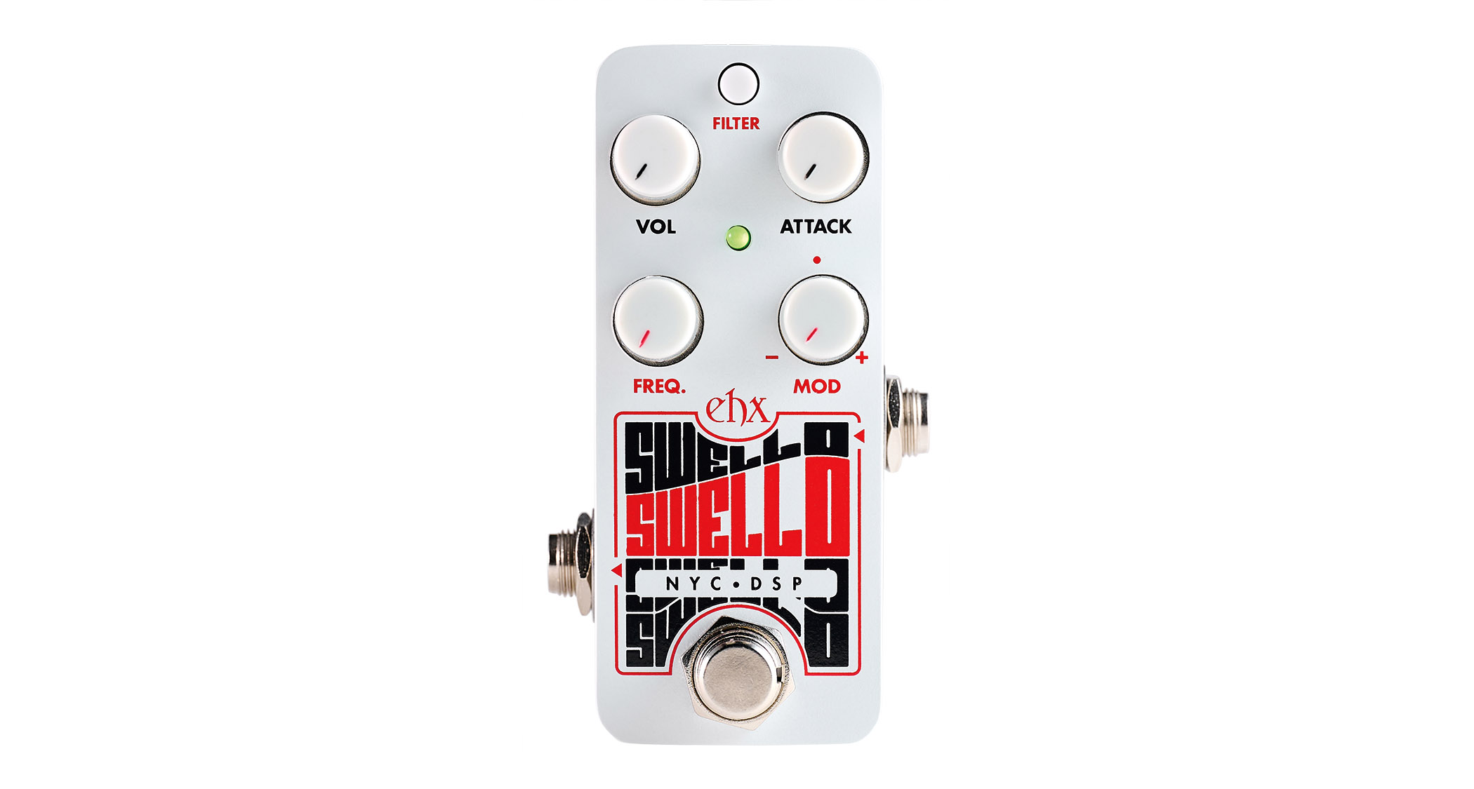Electro-Harmonix Pico Swello: the compact mini-pedal is finished in white and has black and white text, four knobs, and is photographed against a distressed wood floor.
