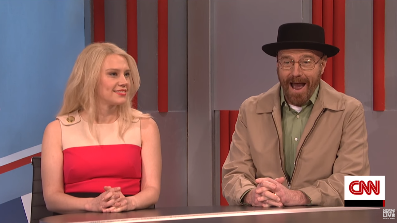 Kellyanne Conway (Kate McKinnon) and future head of the DEA, Walter White (Bryan Cranston) on SNL