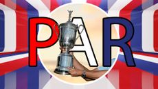 An American flag style print background, with an inset image of the US Open trophy being lifted behind text that reads 'par', to signify the question around whether par should be able to win the US Open