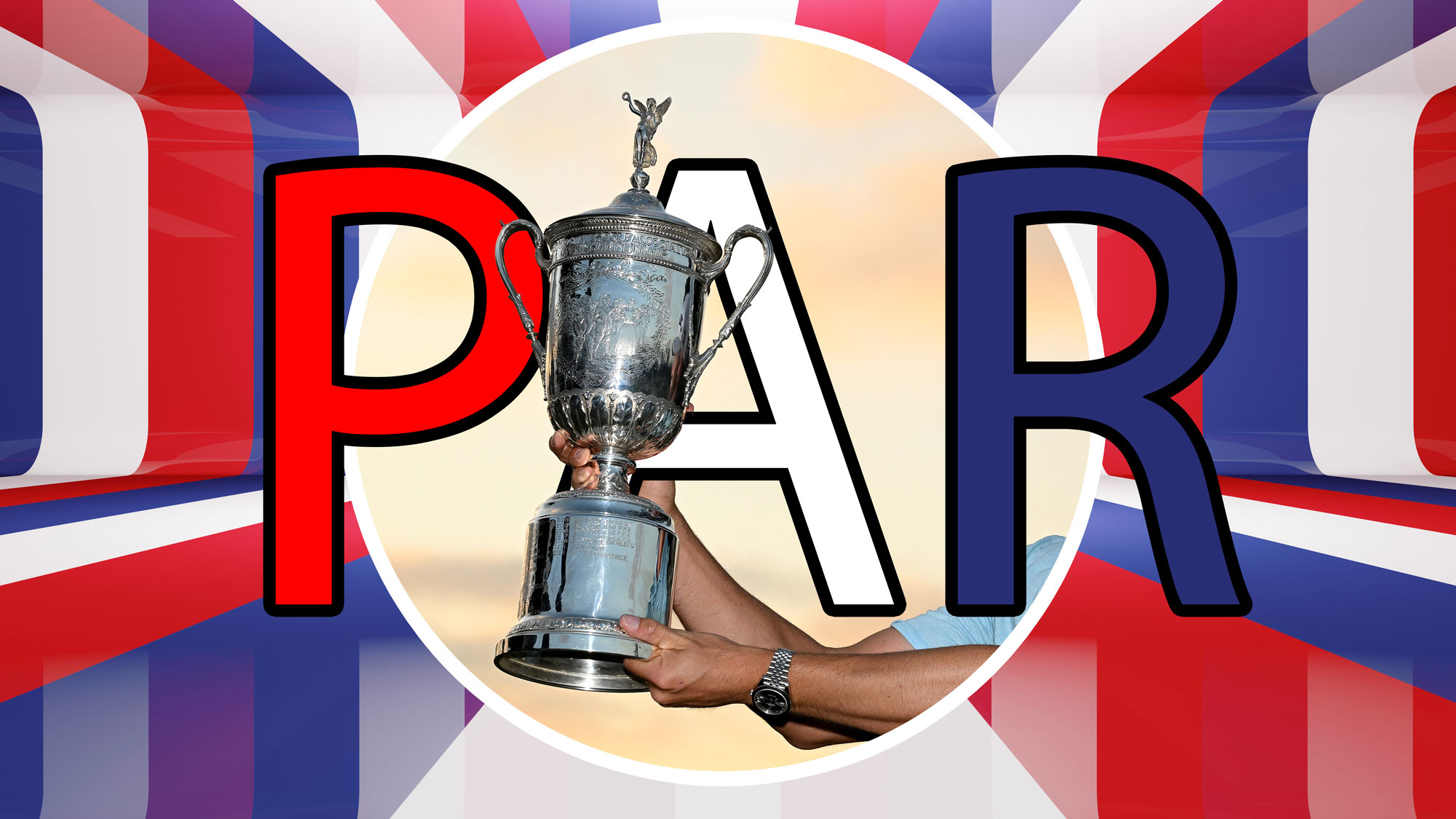An American flag style print background, with an inset image of the US Open trophy being lifted behind text that reads 'par', to signify the question around whether par should be able to win the US Open