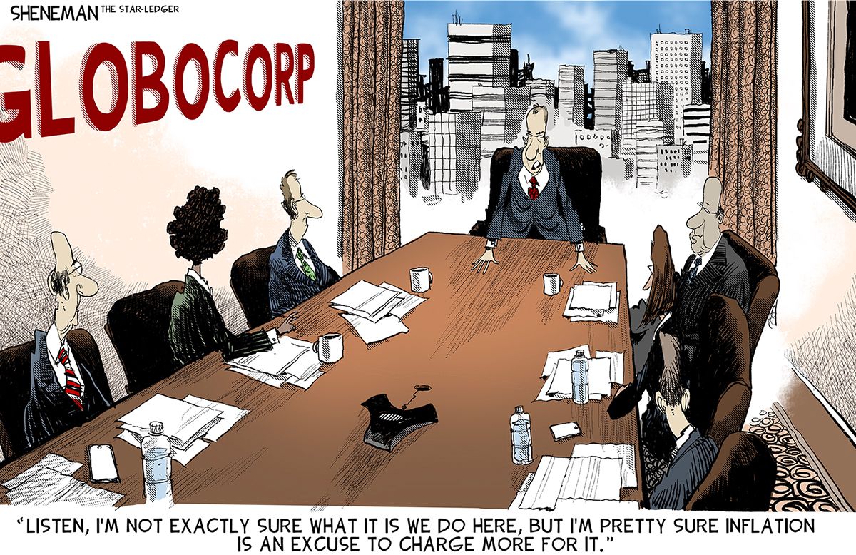5 cartoons highlighting corporate greed and the economy