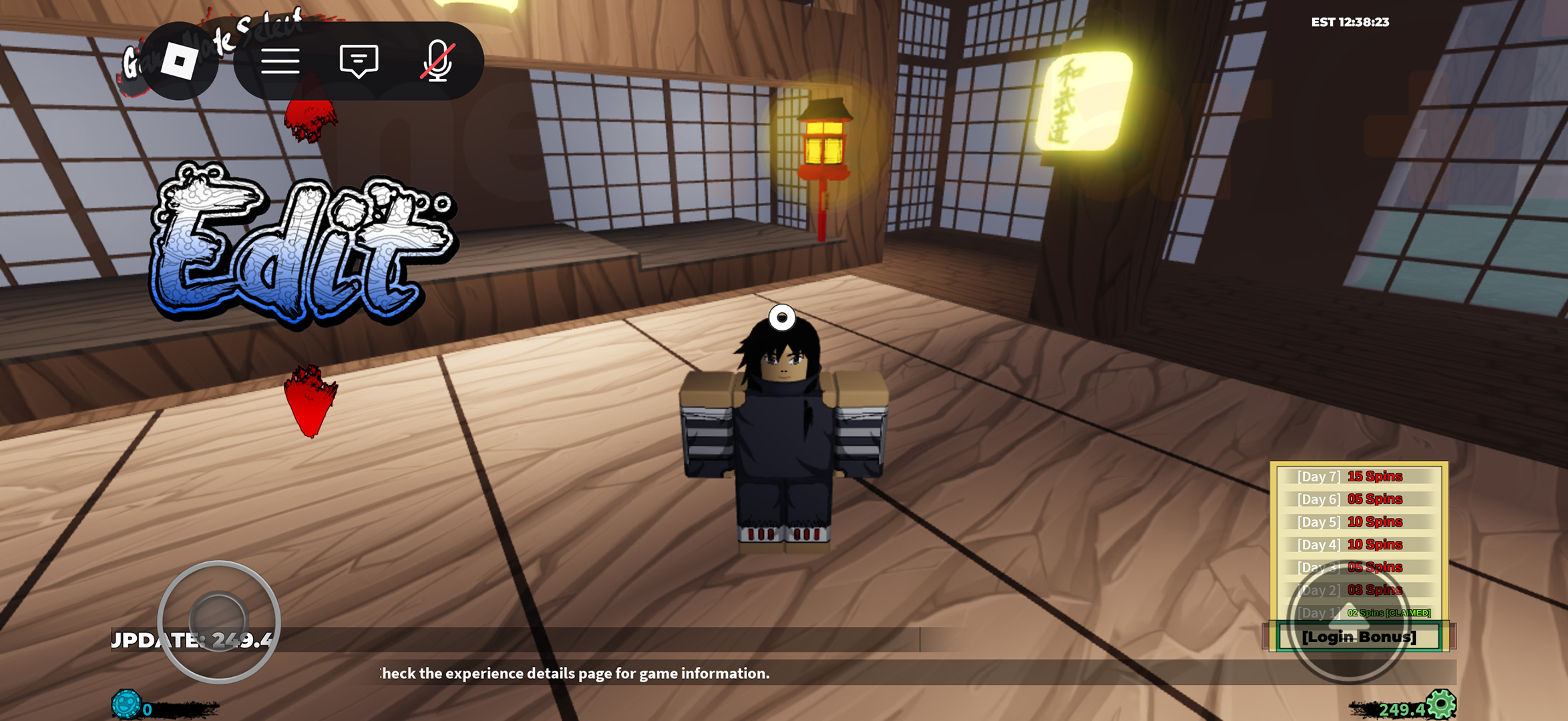 The Edit screen in the main menu where Shindo Life codes can be redeemed