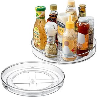 2 Pack Lazy Susan Turntable Cupboard Organiser(27+23.5cm), Rotatable Spice Rack Fridge, Clear Cupboard Condiment Spinning Tray, Multi-Functional Spice Rack for Kitchen Storage