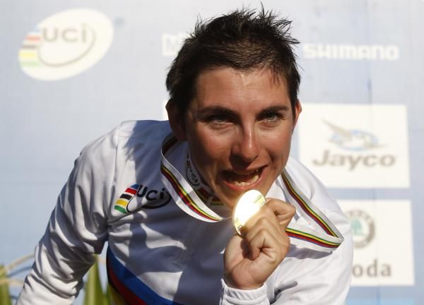 Giorgia Bronzini (Italy) celebrates on the podium.