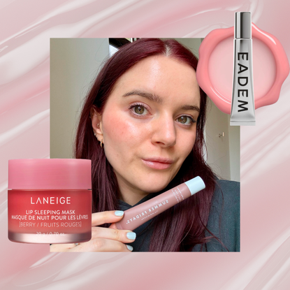 brooke knappenberger holding up summer fridays lip butter balm overlaid with eadem chouchou balm and laneige lip sleeping mask on glossy pink liquid cosmetic texture background