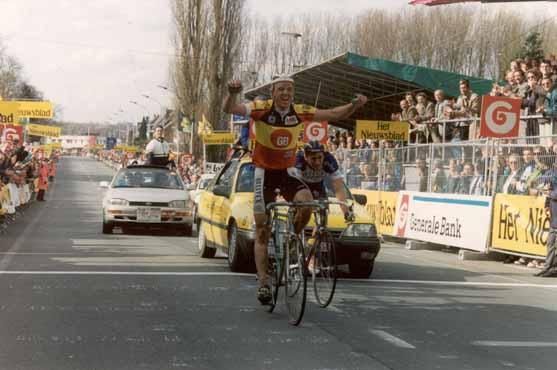 Belgian champion Johan Museeuw takes the first of three Tours of Flanders in 1993.