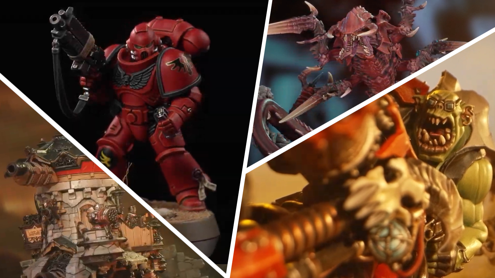 A Space Marine, Cogfort, Ork, and Red Terror divided by white lines