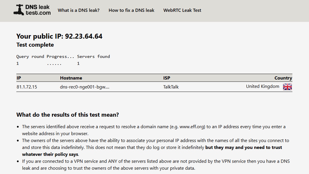 The DNSLeakTest homepage are running a test.