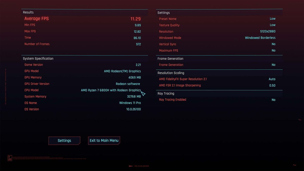 Cyberpunk 2077 benchmark results after running Low default graphics settings on Geekom A6.