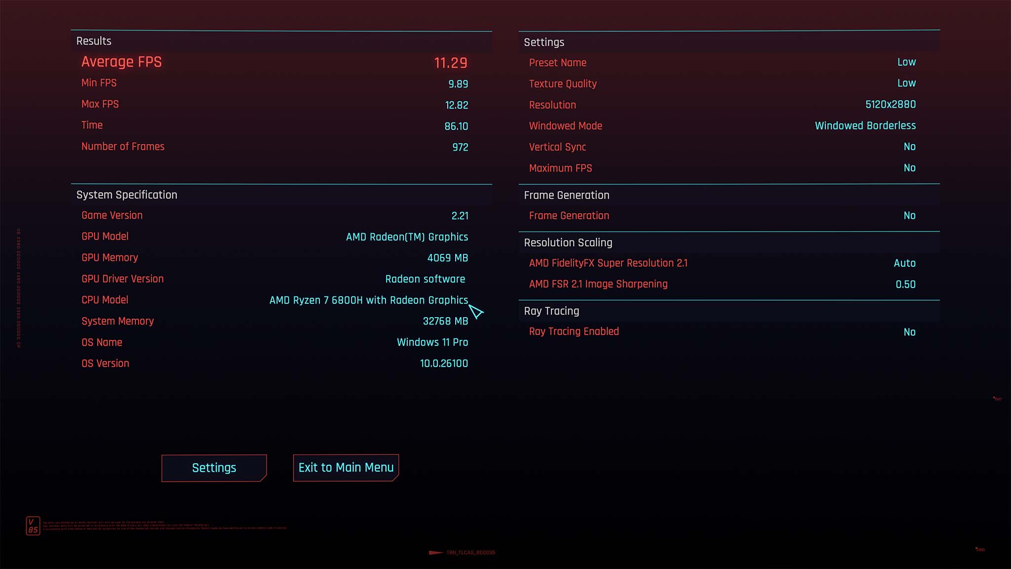 Cyberpunk 2077 benchmark results after running Low default graphics settings on Geekom A6. 