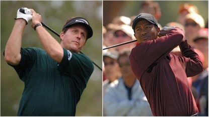 A split image of Phil Mickelson (left) and Tiger Woods hitting driver off the tee circa 2005
