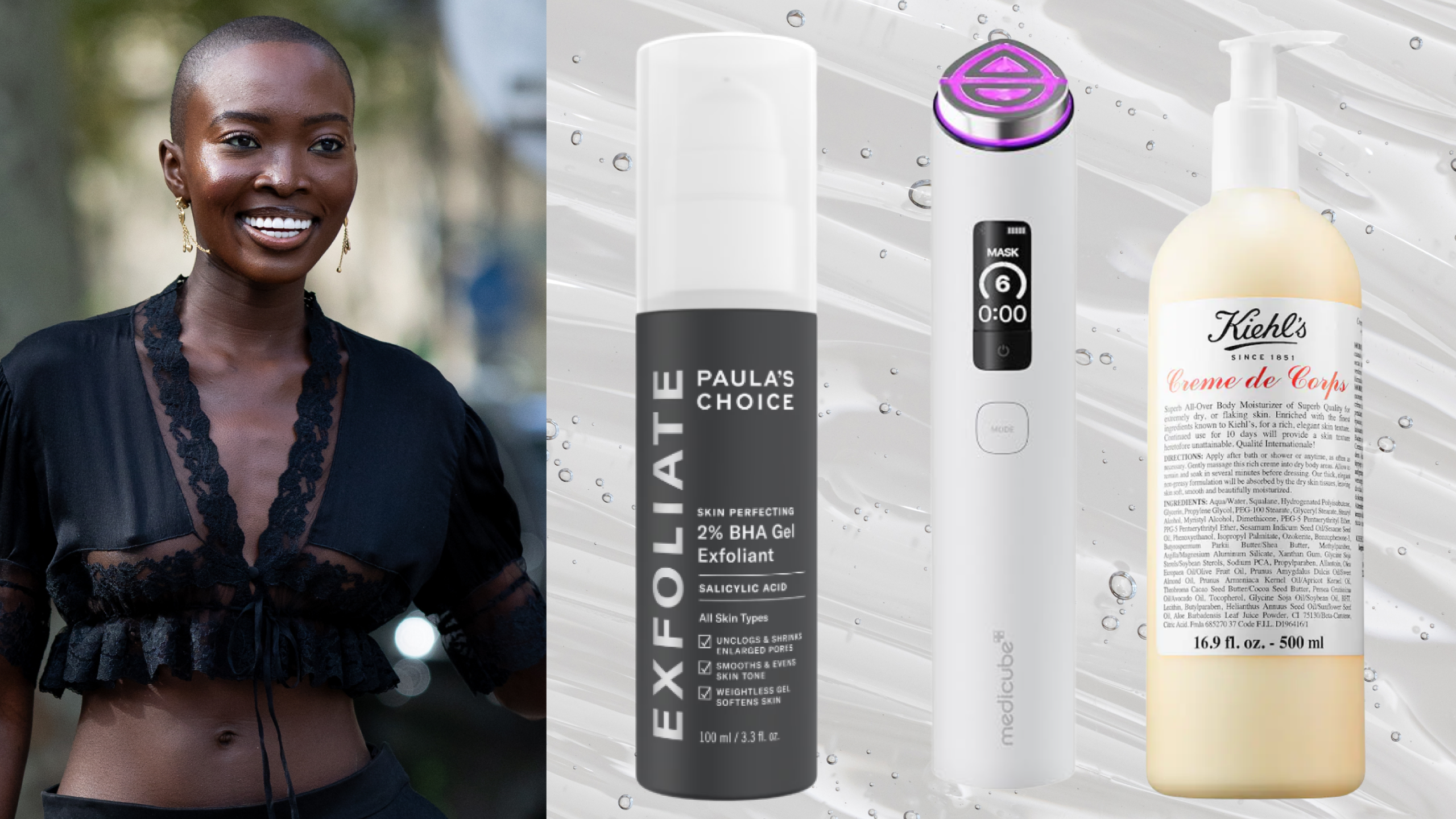 A woman wearing a black, lacy top smiling. She is next to three bottles of beauty products/