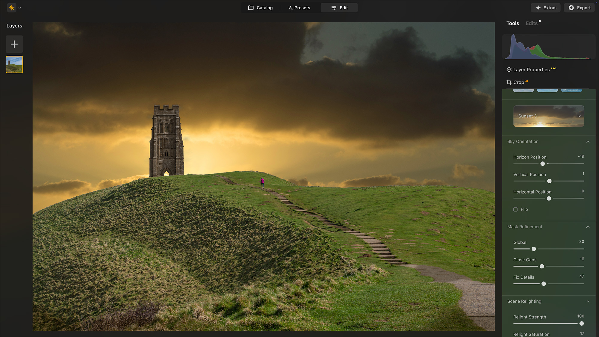 Luminar Neo screenshot showing historic building on hill with sunset sky