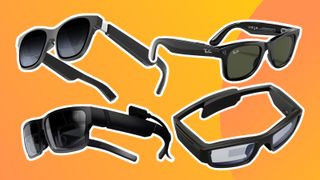 Best smart glasses; a mix of black smart glasses on a yellow background