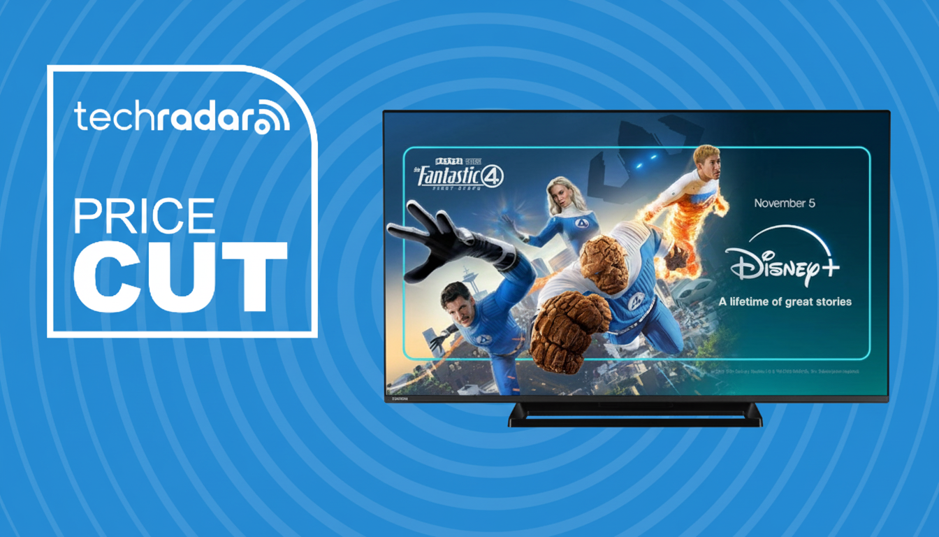 Toshiba Fire TV 50UF3F53DB on a blue background with radar motif, next to text reading &#039;TechRadar Price Cut&#039;