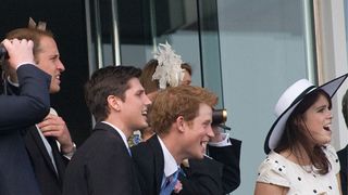 Prince William, Jake Warren, Prince Harry and Princess Eugenie attend the 2011 Epsom Derby at Epsom racecourse on June 4, 2011 in Epsom, England.