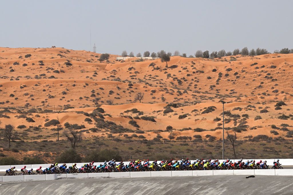JEBEL JAIS UNITED ARAB EMIRATES FEBRUARY 21 A general view of the peloton competing during the 6th UAE Tour 2024 Stage 3 a 176km stage from Al Marjan Island Al Jazirah Al Hamra to Jebel Jais 1489m UCIWT on February 21 2024 in Jebel Jais United Arab Emirates Photo by Tim de WaeleGetty Images