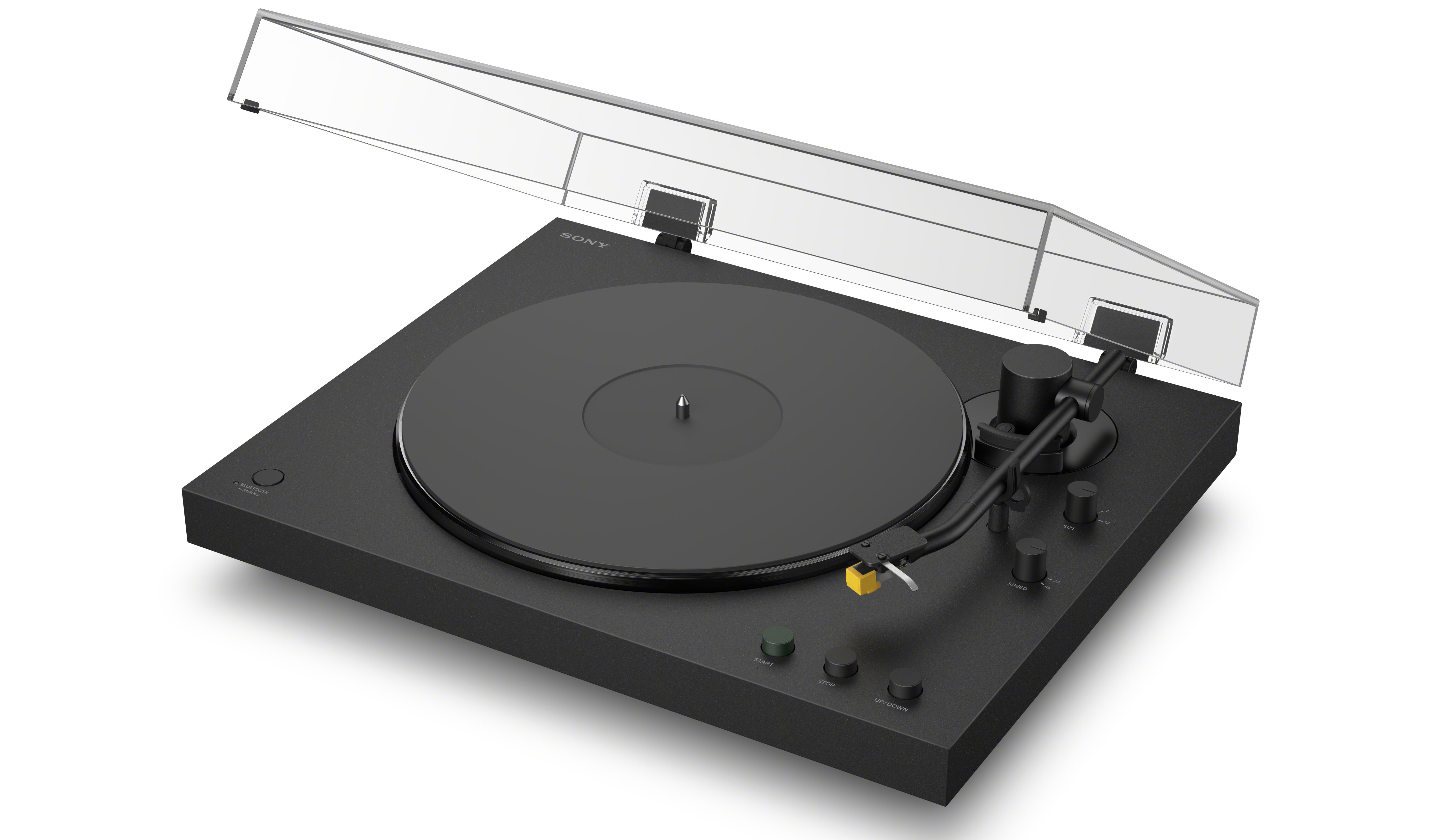 Sony PS-LX5BT turntable at an angle with its cover open on a white background