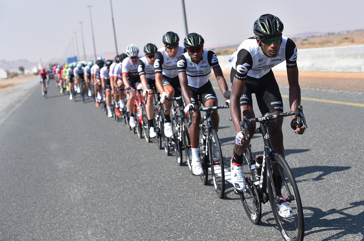 Daniel Teklehaimanot drives the Dubai Tour train at the Dubai Tour