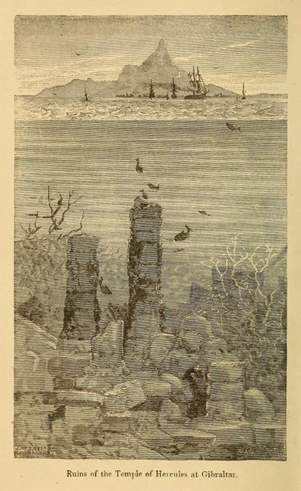 A yellowed drawing from a book showing underwater ruins with an island in the distance. The label underneath the image says "Ruins of the Temple of Hercules at Gibraltar."