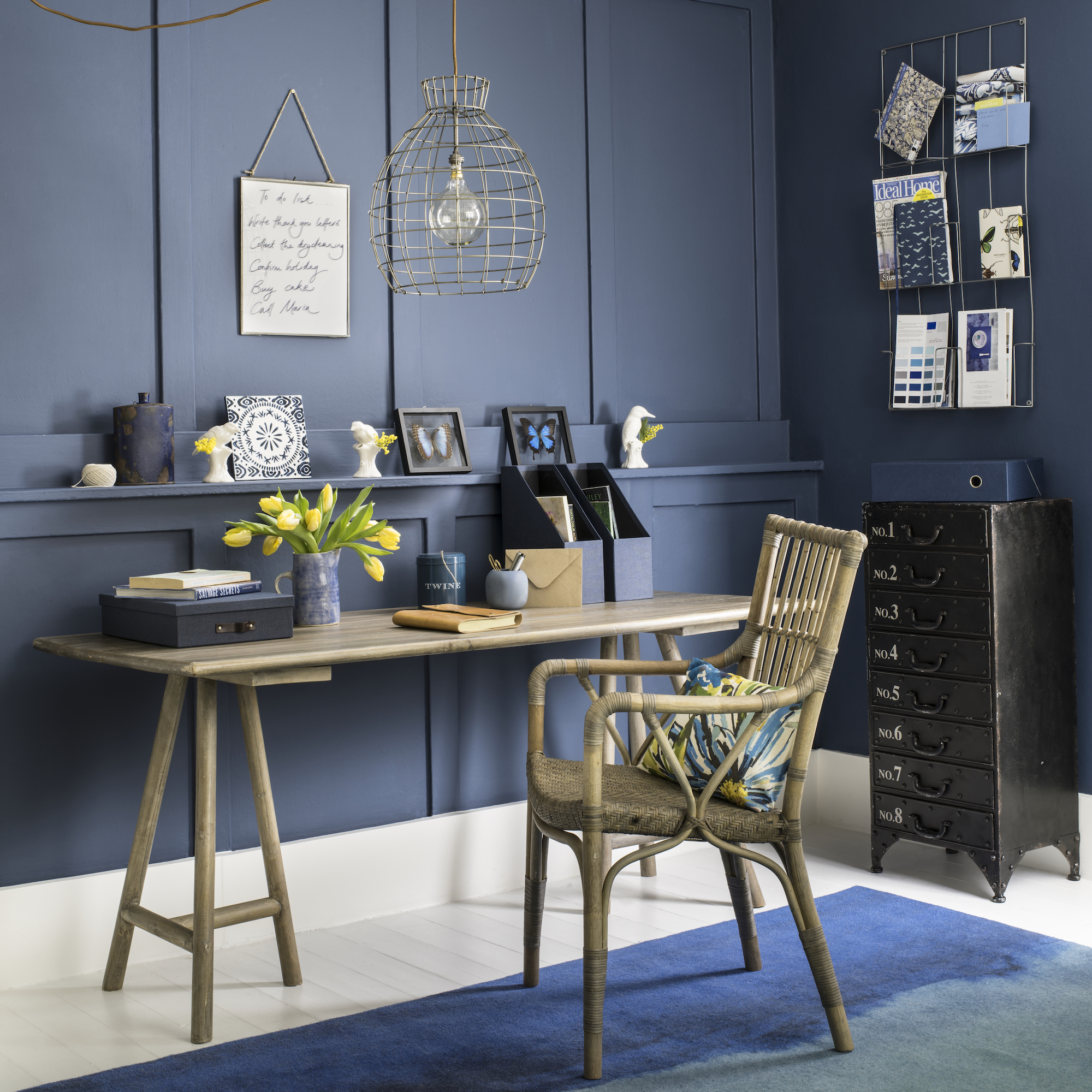 home office with navy walls