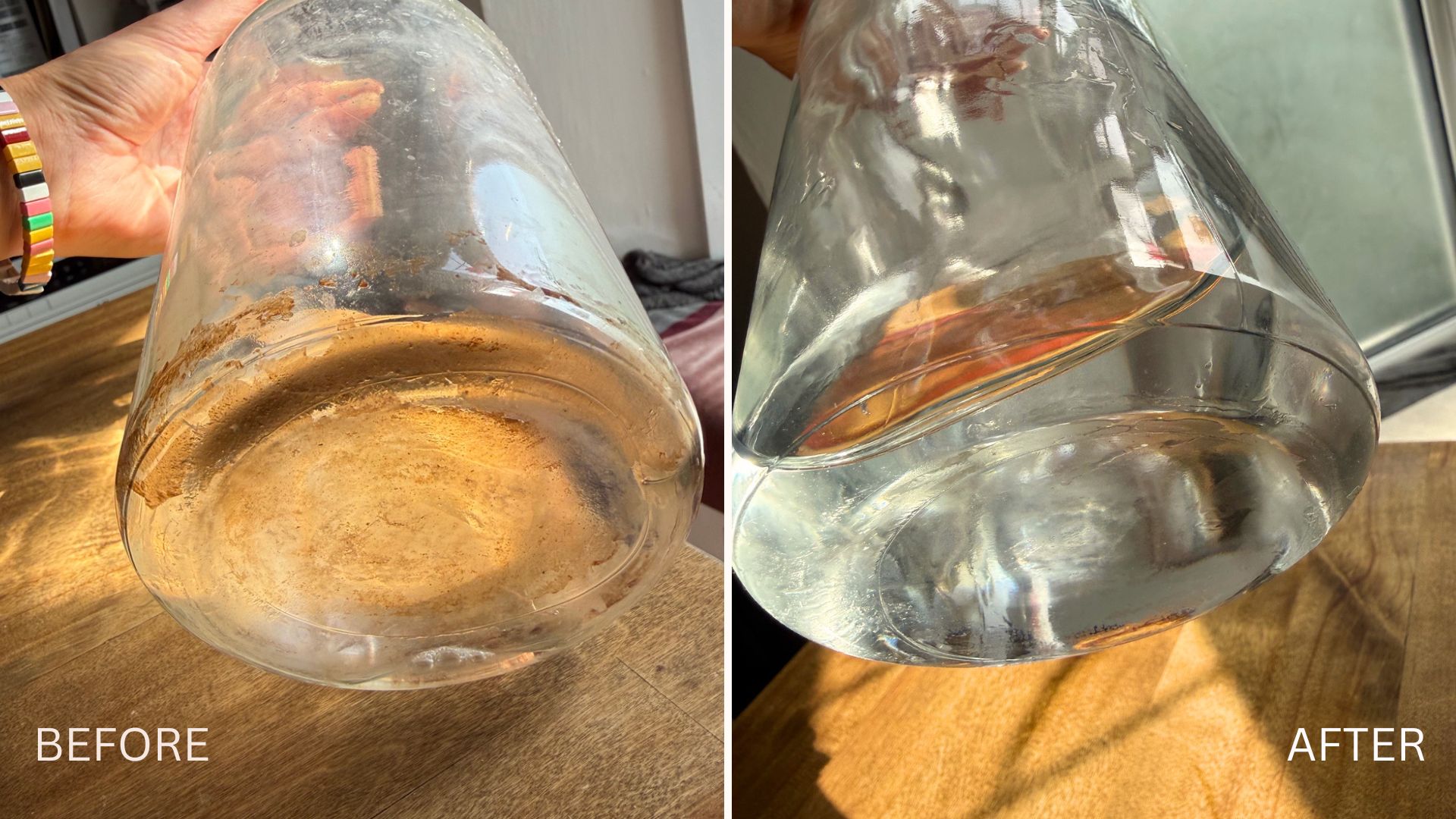 Compilation images of before and after using a chemcial-free vase cleaning trick