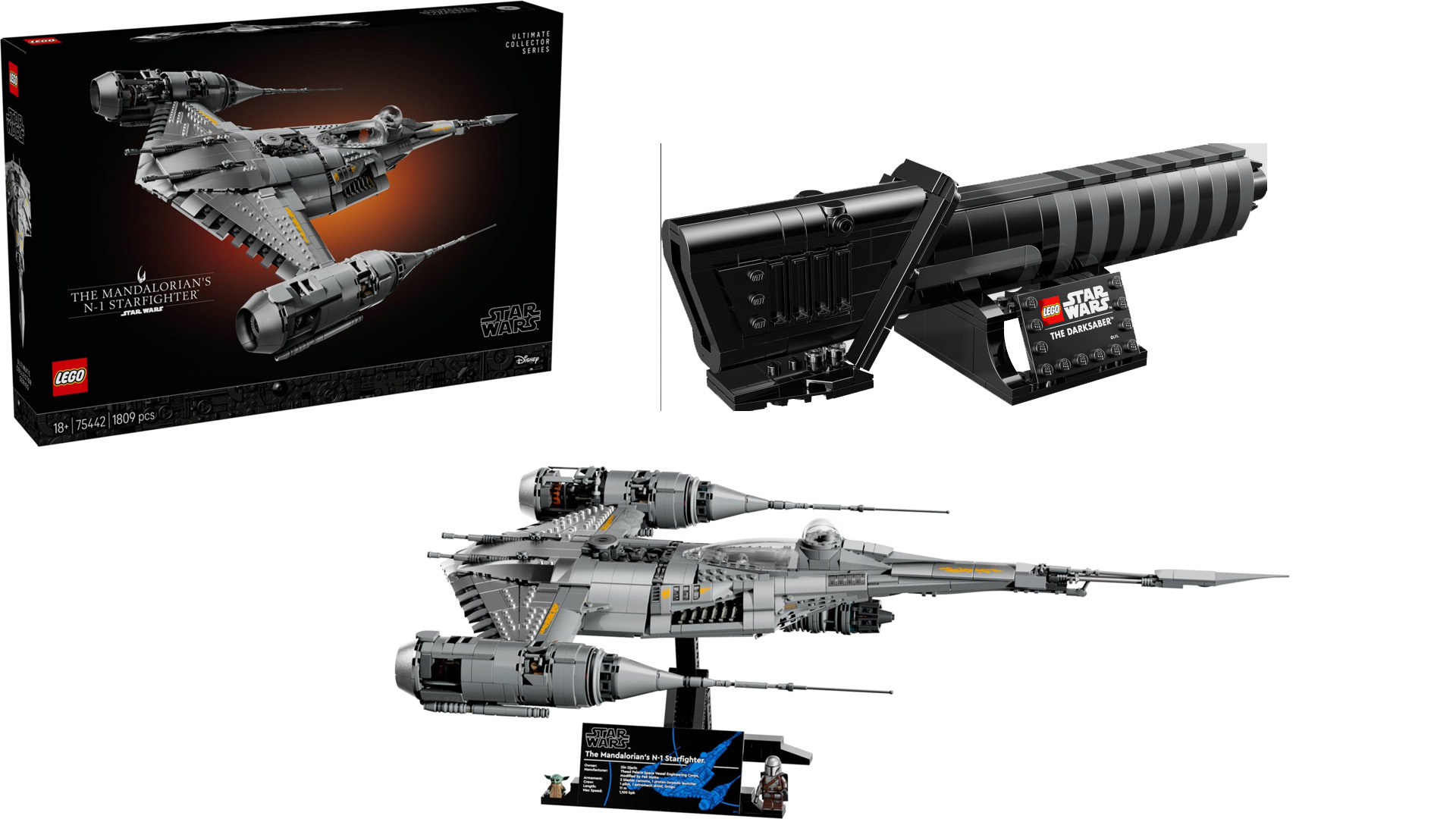 A Lego The Mandalorian's N-1 Starfighter next to its box and Lego model of the Darksaber
