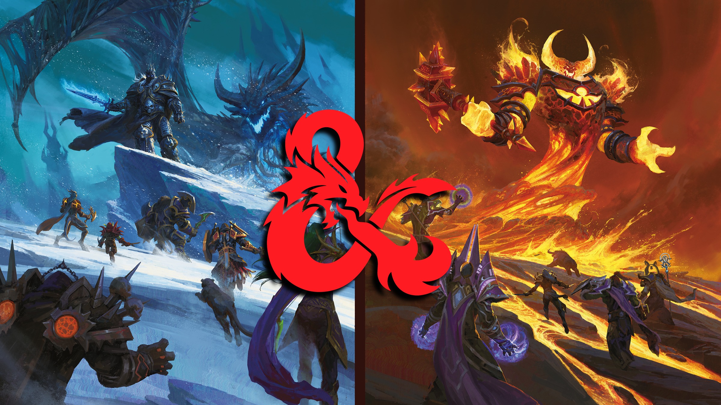 A split-screen fantasy illustration featuring a snowy landscape with armored warriors on the left and a fiery volcanic scene on the right, with a red D&amp;D logo.