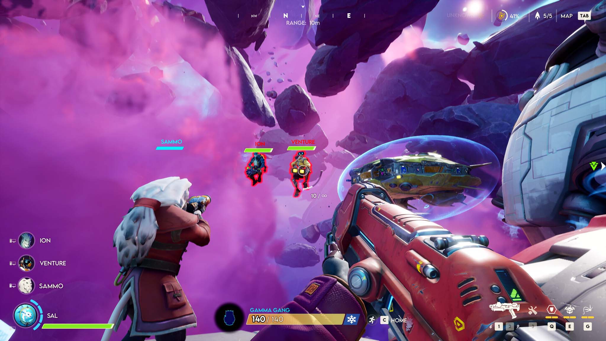 Screenshot of Wildgate showing a first person view of a asteroid field with enemies approaching.
