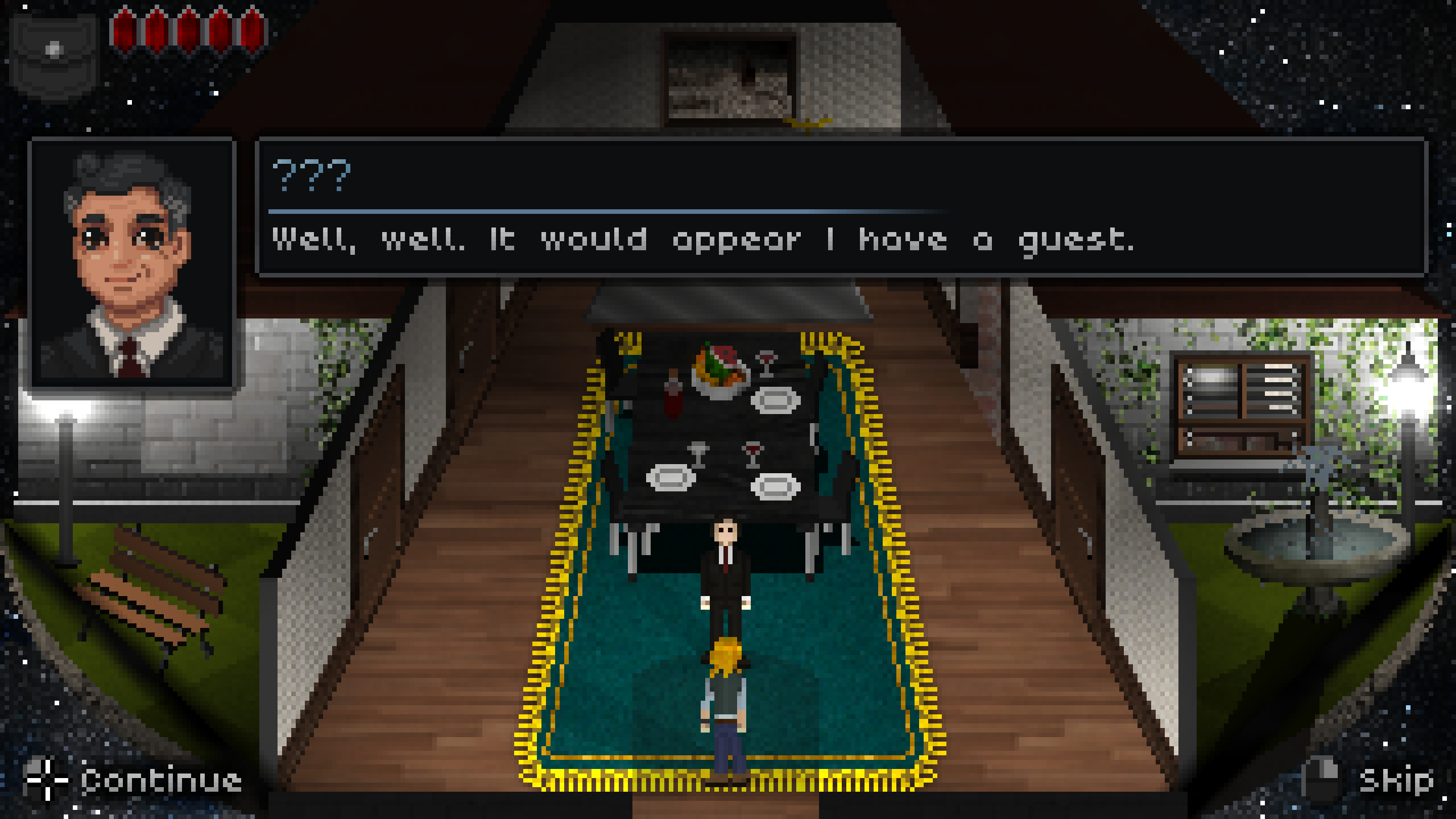 Deep Sleep: Labyrinth of the Forsaken screenshot of Amy speaking to a man in a suit in a dining room in one of her dreams
